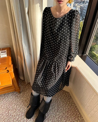 Bateau neckline polka dot yoke gathered chiffon dress