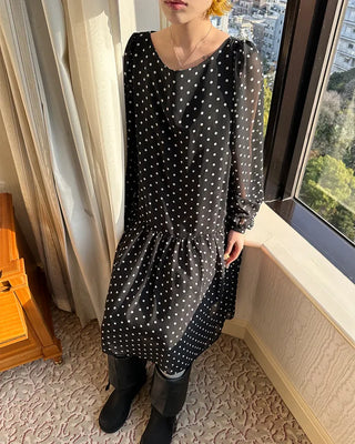 Bateau neckline polka dot yoke gathered chiffon dress