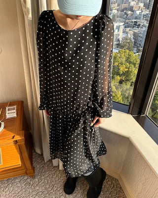 Bateau neckline polka dot yoke gathered chiffon dress