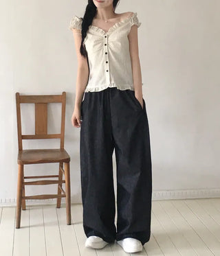 String Wide Summer Low Denim Pants