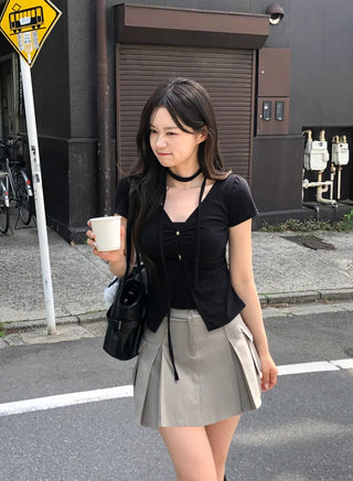 Shirred Sleeveless Cardigan Set
