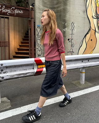 Border Slash Neck Cropped Sleeve T-Shirt