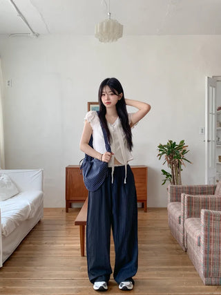 Nylon two-tone wide-leg pants