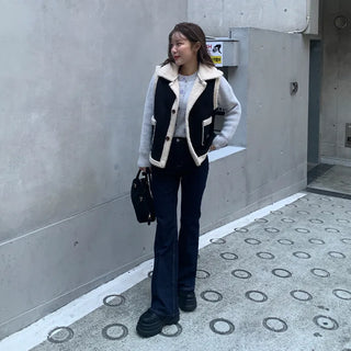 Square pocket sheepskin vest