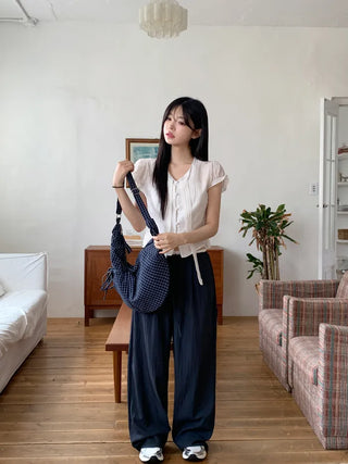 Nylon two-tone wide-leg pants