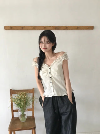 [2-way] Frill Stripe Border Blouse
