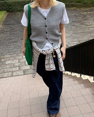 V-neck ribbed knit button vest