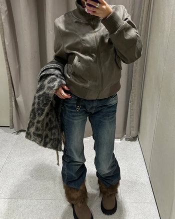 Ribbed High-Neck Suede Zip Jacket