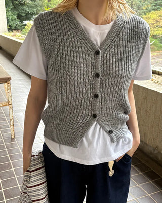 V-neck ribbed knit button vest