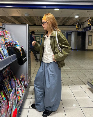 Black button-up elastic waist parachute pants