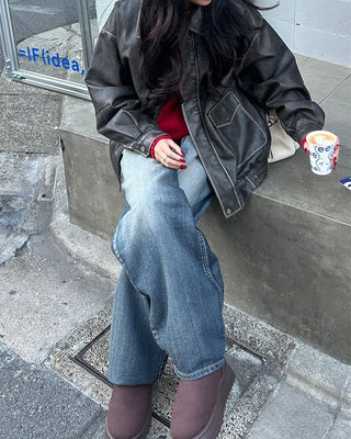 Seam-stitched distressed wide-leg denim pants