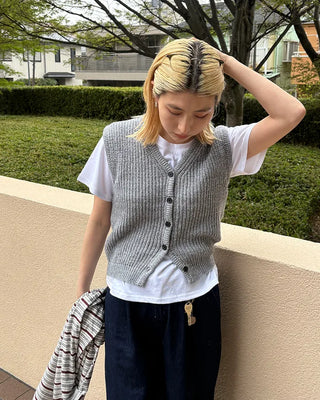 V-neck ribbed knit button vest