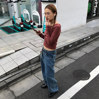 Striped U-neck long-sleeve T-shirt
