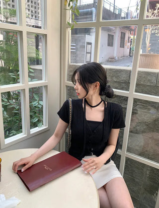Slim Tie Short-Sleeve Cardigan Set