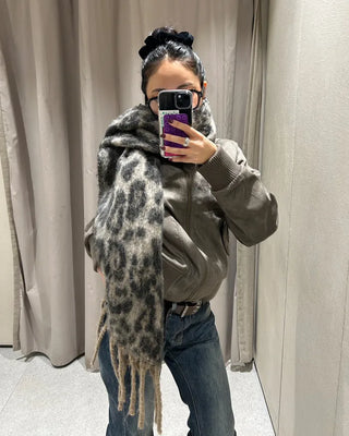 Leopard fringe knit scarf