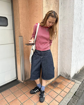 Border Slash Neck Cropped Sleeve T-Shirt