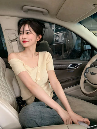 One-shoulder ribbed short-sleeved knit T-shirt (2 colors)