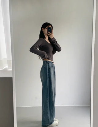 [6 colors] Slim V-neck long-sleeve T-shirt