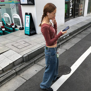 Striped U-neck long-sleeve T-shirt