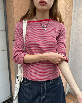 Border Slash Neck Cropped Sleeve T-Shirt