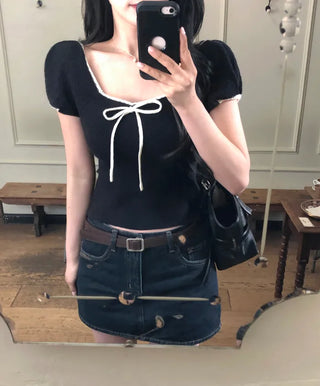 Ribbon Bicolor Short-Sleeve Knit