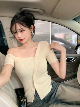 One-shoulder ribbed short-sleeved knit T-shirt (2 colors)