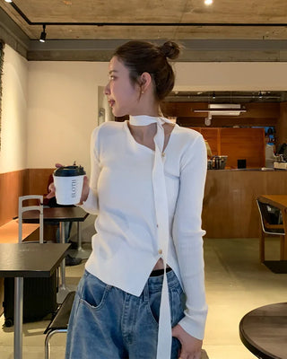Asymmetrical Button Cardigan & Tie Set