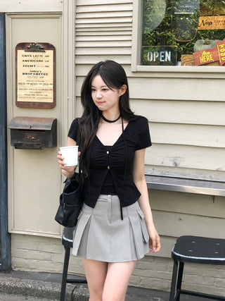 Shirred Sleeveless Cardigan Set