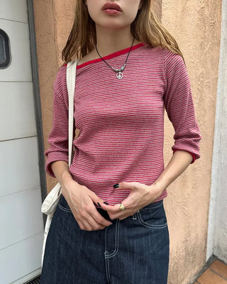 Border Slash Neck Cropped Sleeve T-Shirt