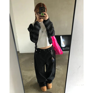 Pointed wide black denim pants