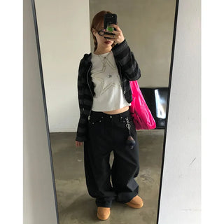 Pointed wide black denim pants