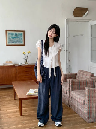 Nylon two-tone wide-leg pants