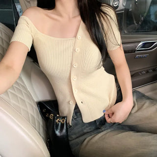 One-shoulder ribbed short-sleeved knit T-shirt (2 colors)