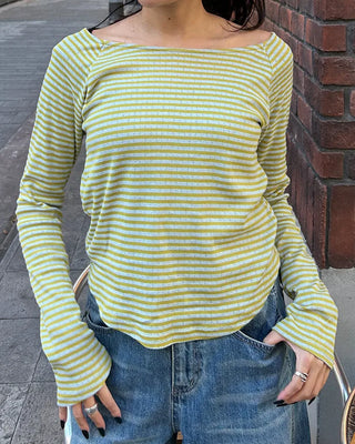 Striped round hem long-sleeve cut and sew