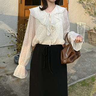 Big frill colored polka dot pattern blouse