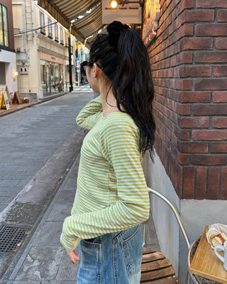 Striped round hem long-sleeve cut and sew