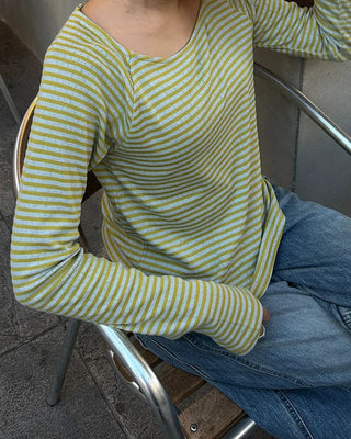 Striped round hem long-sleeve cut and sew
