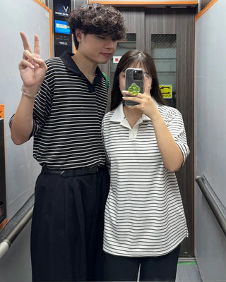 (Unisex) Striped Open Collar Short Sleeve T-Shirt