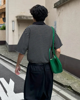 (Unisex) Striped Open Collar Short Sleeve T-Shirt