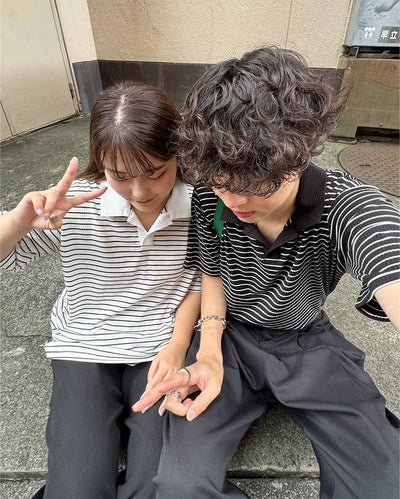 (Unisex) Striped Open Collar Short Sleeve T-Shirt