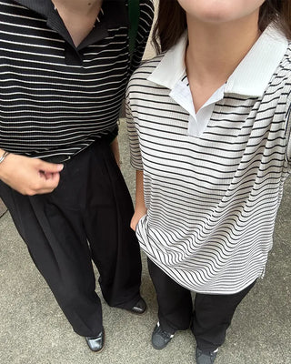 (Unisex) Striped Open Collar Short Sleeve T-Shirt