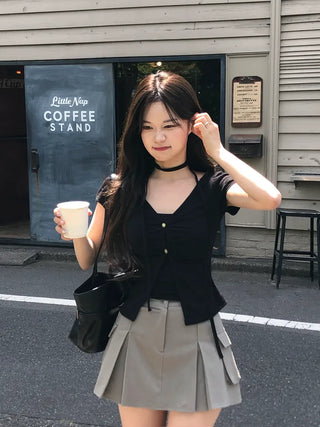 Shirred Sleeveless Cardigan Set