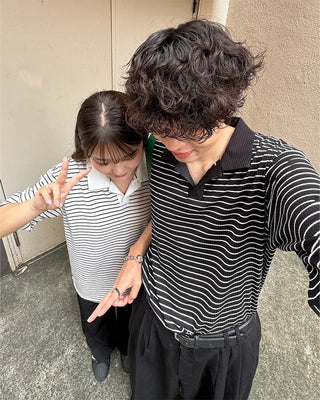 (Unisex) Striped Open Collar Short Sleeve T-Shirt