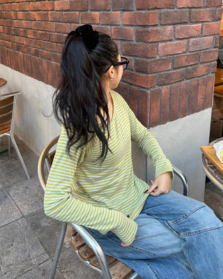 Striped round hem long-sleeve cut and sew