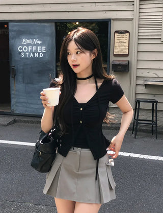 Shirred Sleeveless Cardigan Set