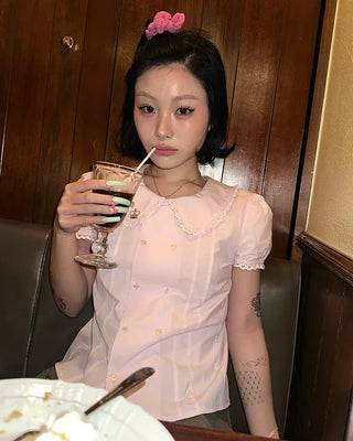 [6th Re-release] (ORIGINAL) Heart Button Lace Puff Blouse