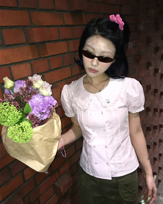 [6th Re-release] (ORIGINAL) Heart Button Lace Puff Blouse