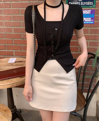 Slim Tie Short-Sleeve Cardigan Set