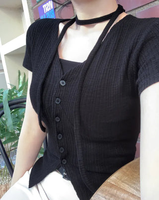 Slim Tie Short-Sleeve Cardigan Set