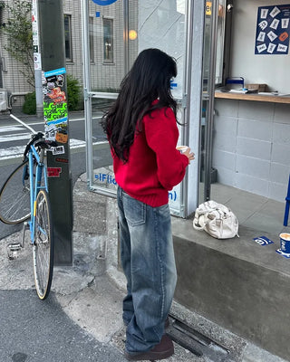 Seam-stitched distressed wide-leg denim pants